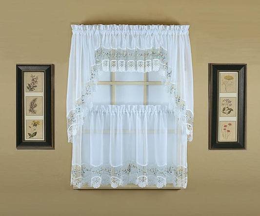 Today's Curtain, Vintage Macramé Organza Tier 30", White/Blue, 58" W x 30" L
