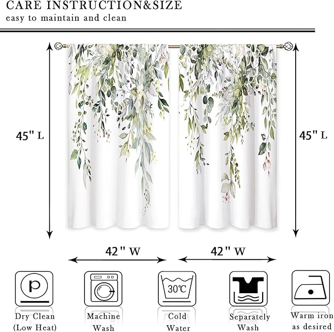 Sage Green Eucalyptus Leaves Window Curtains Flower Watercolor Floral BotanicalPlant Wildflower Farmhouse Curtain Drapes Herb Curtains for Bedroom Living Room Treatment 2 Panels 42Wx45H Inch