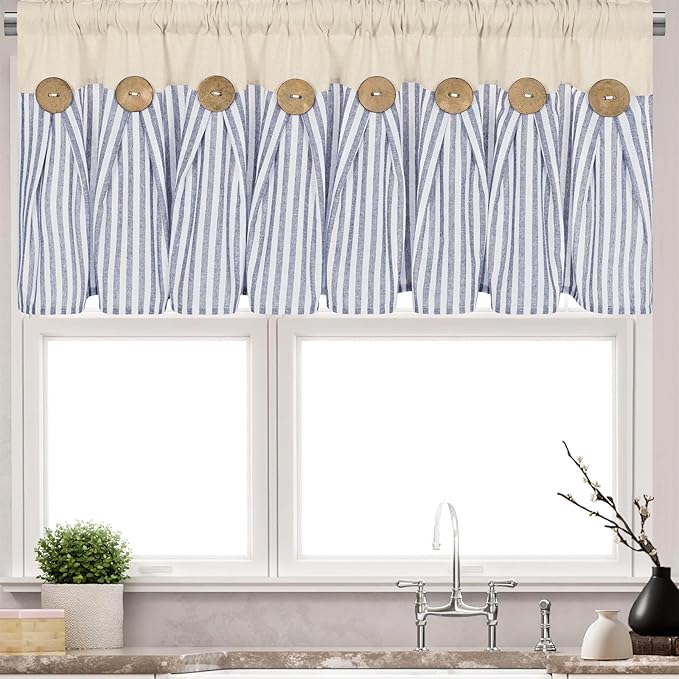 ASPMIZ Cotton Linen Kitchen Valance Curtains, Boho Rustic Button Valances for Windows Farmhouse Style, Blue Stripe Window Valances for Bathroom Cafe, Tie Up Valance for Kitchen Windows, 52 x 18 Inch