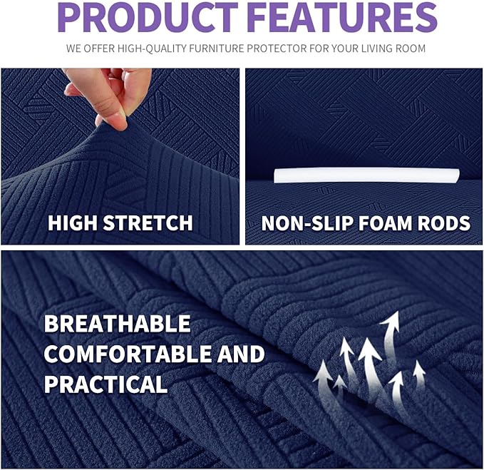 ZNSAYOTX Super Stretch Couch Cover (72"-92"), New Striped Sofa Covers Fitted Slipcovers with Elastic Bottom, Dog Cat Pets Proof Spandex Fabric Comfortable & Durable (Navy Blue, Sofa)