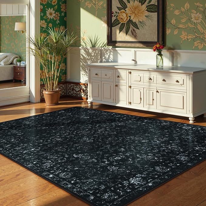 Hedlive Vintage Washable Black Rugs for Bedroom, Ultra-Thin Soft 6x9 Area Rugs for Living Room Non Slip, Stain Resistant Boho Carpet Rug for Dining Room Office (6'x9', Black)
