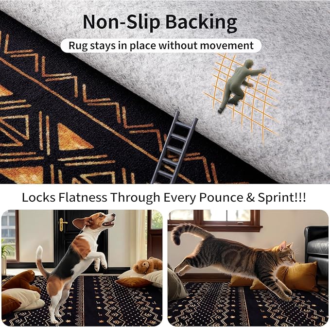 SERISSA 9x12 Area Rugs for Living Room, Washable Non-Slip Black and Gold Boho Rug, Soft Low-Pile Geometric Indoor Large Carpet for Dining Room Bedroom Home Office Playroom