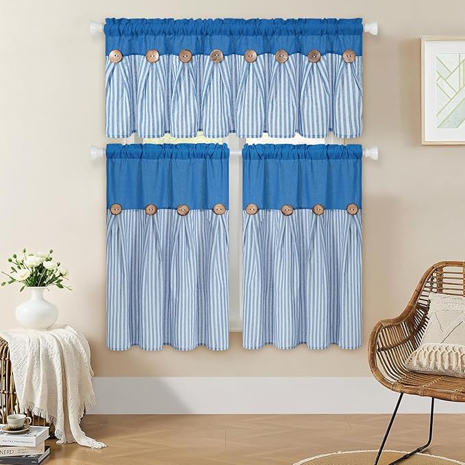 ASPMIZ Farmhouse Cotton Linen Valances for Windows, Boho Kitchen Curtains Valances with Rustic Button, Lake Blue Striped Window Treatments Curtain Valance for Bathroom Cafe, 52 x 18 Inch, 1 Pannel