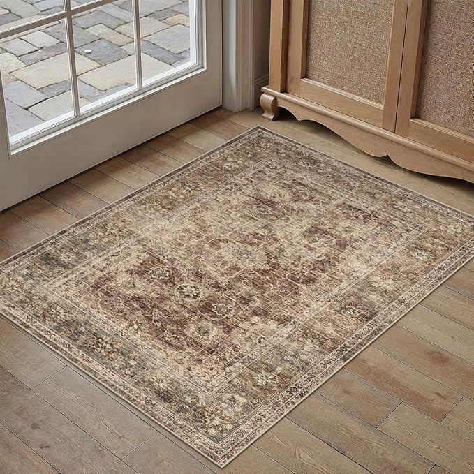 2x3 Washable Area Rug for Entryway Rust Vintage Non-Slip Low Pile Distressed Rustic Carpet Inoor Door Mat Soft Small Throw Rug for Entrance Bathroom