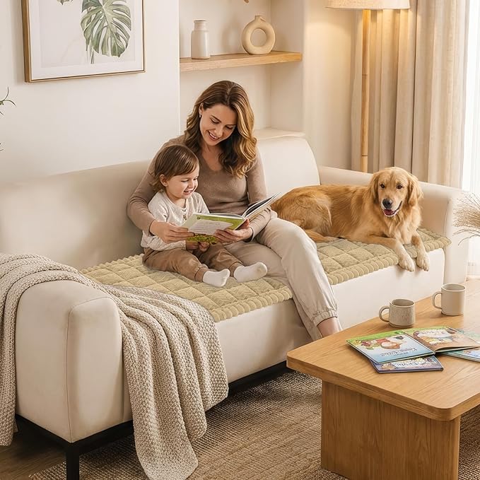 Smiry Non Slip Couch Covers for Dogs, Fuzzy Pet Couch Covers for 2 Cushion Sofa Pet Friendly, Soft Sofa Loveseat Slipcovers Cushion Furniture Protector Washable (Khaki, 27.6" x 47")