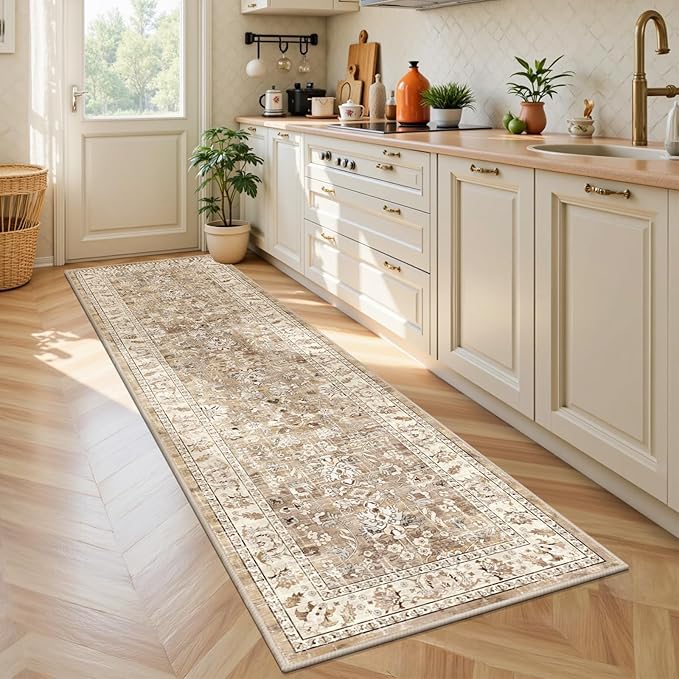 LOKHOM Washable Runner Rugs, 2x7 Non-Slip Hallway Runner Rug with Rubber Backing, Boho Floral Soft Faux Wool Kitchen Rug Carpet Runner for Laundry Entryway Bedroom (Beige Brown)