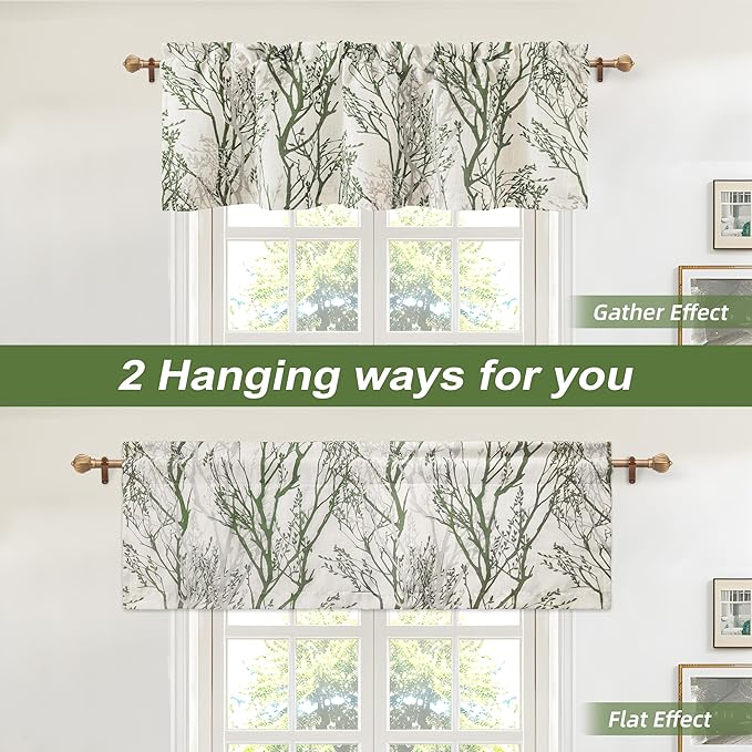 Driftaway Tree Branch Linen Lined Valance Double Layer Thermal Insulated Room Darkening Blackout Valances 3 Inch Rod Pocket Short Window Valance for Living Room Bathroom 52 Inch by 14 Inch Loden Green