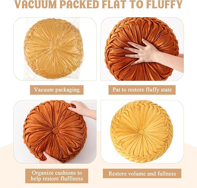 Drydiet 4 Pcs Round Throw Velvet Pillows Decorative Pleated Throw Pillows 15'' Diameter Accent Pumpkin Boho Chair Cushion for Couch Sofa Home Decoration (Burnt Orange,Yellow)