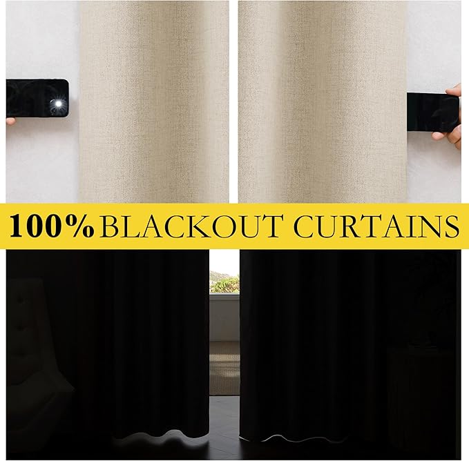 NICETOWN Cream 100% Blackout Linen Curtains 90 inch Long Burg for Living Room, 1 Pair, 62" Width Each Panel, Farmhouse Thick Completely Blackout Window Treatment Thermal Insulated Drapes