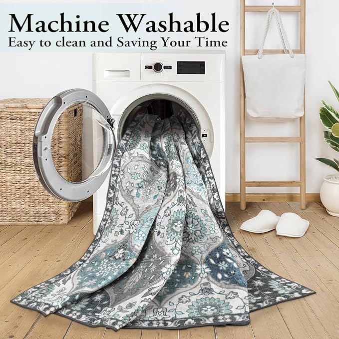 Lahome Moroccan Trellis Washable Rugs 9x12, Soft 9x12 Area Rug for Living Room Bedroom, Ultra-Thin Non-Slip Non Shedding Distressed Throw Large Carpet for Dining Room Office Elise, Blue