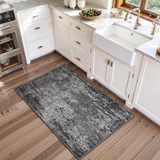 2x5 Black Rug Runners for Hallways Kitchen Runner Rug Non Slip Washable Black Long Runner Rugs with Rubber Backing Soft Abstract Carpet Runner for Bedroom, Kitchen, Bathroom, Entryway