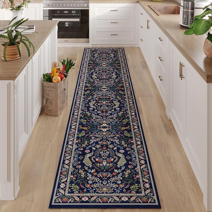 Rugcomf 2'7"x12' Kitchen Runner - Floral Washable Long Hallway Runner Rug Non Slip, Boho Carpet for Entryway, Hall, Bathroom - Blue