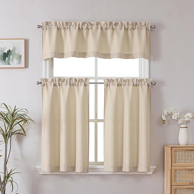 Chyhomenyc Short Curtains 30 Inch Length, Faux Linen Textured Small Kitchen Curtains, Light Filtering Half Window Curtains for Bathroom Basement Cabinet, Each 30x30 Inch, Linen Color