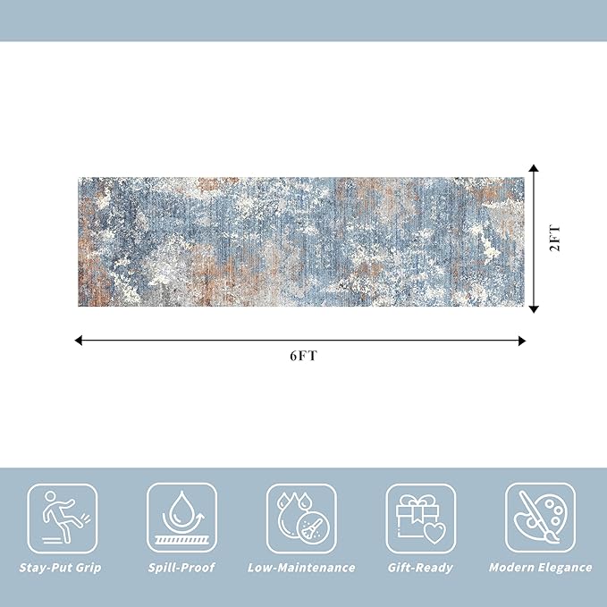 2x6 Non-Slip Washable Kitchen Runner Rug – Modern Abstract Carpet Runner for Hallway Bedroom Bathroom Laundry Room Entryway – Low-Pile Thin Rubber Backed（Blue Rust,2x6）