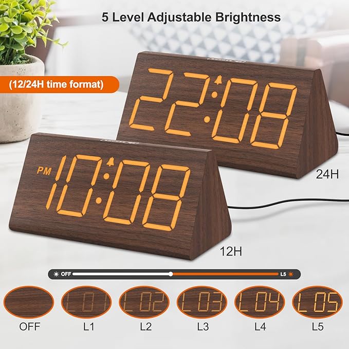 DreamSky Wooden Digital Alarm Clocks for Bedrooms - Electric Desk Clock with Large Numbers, USB Port, Loud Alarm for Heavy Sleepers, Adjustable Volume, Dimmer, Snooze, DST, Wood D??cor, Adapter Powered