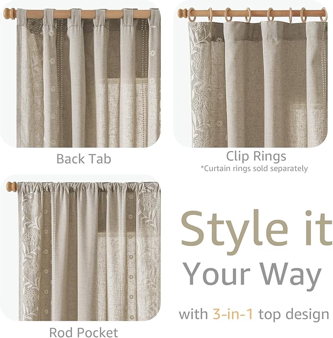 jinchan Winslow Linen Curtains for Bedroom 84 Inches Length Ivory on Taupe Embroidered Bordered Floral Curtains for Living Room Farmhouse Decor Light Filtering Window Treatments 2 Panels