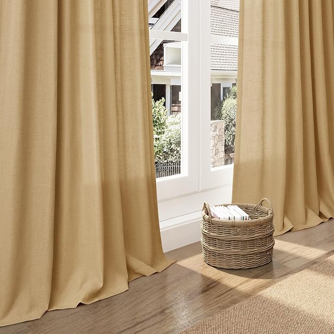 Gold Yellow Linen Curtains for Living Room 63 Inches Long 2 Panel Set Light Filtering Linen Drapes for Kitchen Windows Rod Pocket Back Tab Short See Through Curtain Country Farmhouse Decor 52x63