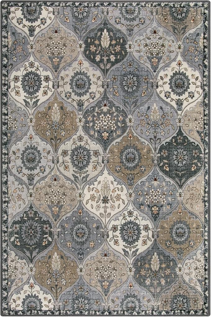 Lahome Moroccan Machine Washable Area Rugs, 4x6 Rug for Living Room Bedroom, Soft Non-Slip Rug Vintage Trellis Ultra-Thin Throw Carpet for Dining Room Office Elise, Grey