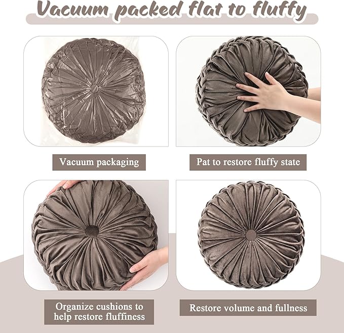 Drydiet 1 Pcs Round Throw Velvet Pillows Decorative Pleated Throw Pillows 15'' Diameter Accent Pumpkin Boho Chair Cushion for Couch Sofa Home Decoration (Taupe)