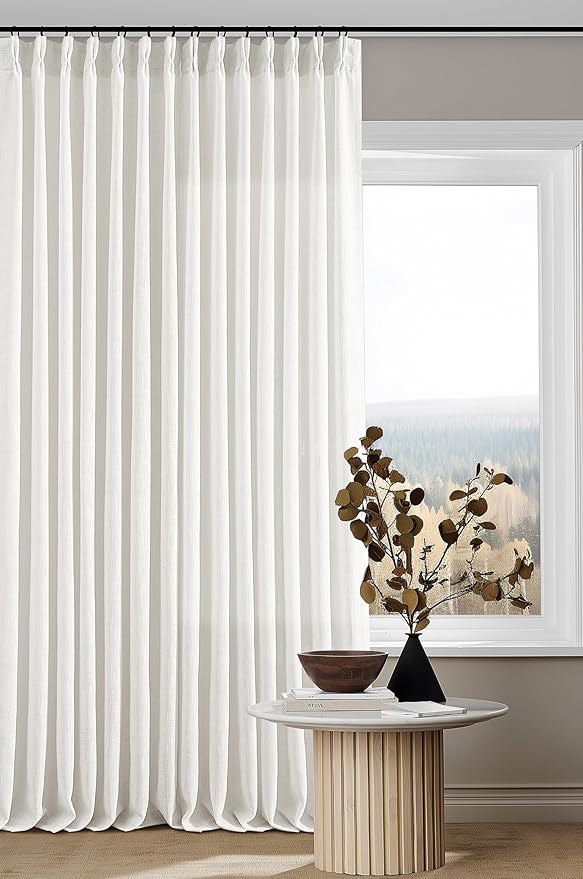 Pinch Pleated Linen Curtains 126 Inches Long for Living Room Bedroom Light Filtering Modern Neutral Window Drape 126 Inch 2 Panels Set with Hooks Rings Extra Long Semi Sheer Curtain Beige White