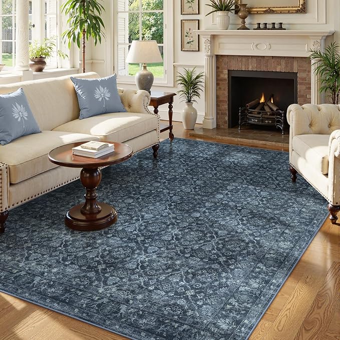 Hedlive Vintage Blue Rugs for Living Room, Ultra-Thin Washable Rugs 8x10 Area Rugs for Bedroom Non Slip, Stain Resistant Vintage Carpet Rug for Dining Room High Traffic Area (8'x10', Blue)