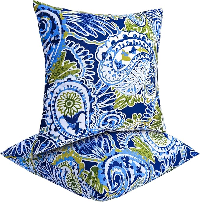 JMGBird Water-Resistant Outdoor Pillows Set of 2, 18x18 inch Durable Green Paisley Pattern Throw Pillows with Inserts for Patio Furniture