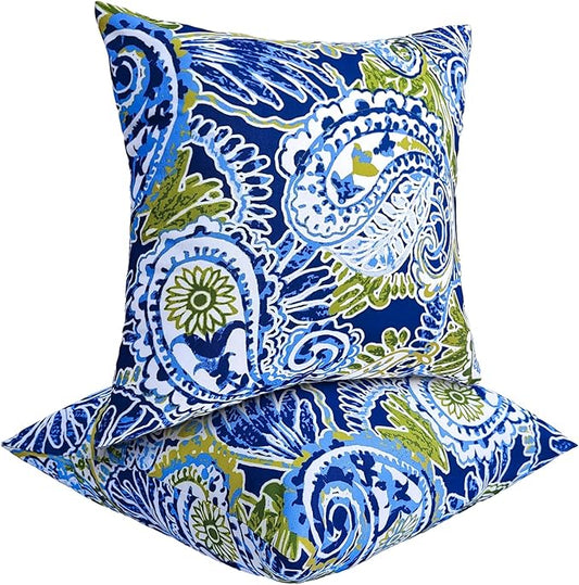 JMGBird Water-Resistant Outdoor Pillows Set of 2, 18x18 inch Durable Green Paisley Pattern Throw Pillows with Inserts for Patio Furniture