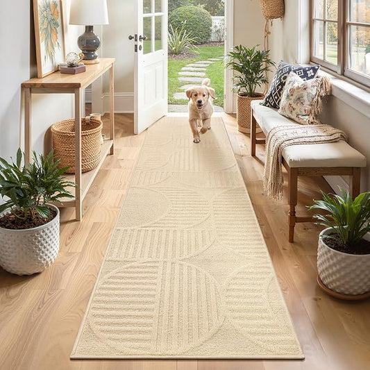 Findosom Washable Runner Rug 2x8, Geometric High-Low Textured Non Slip Hallway Runner Rug with Rubber Backing, Boho Carpet Runner for Kitchen, Bedroom, Laundry, Entryway, Bathroom, Beige