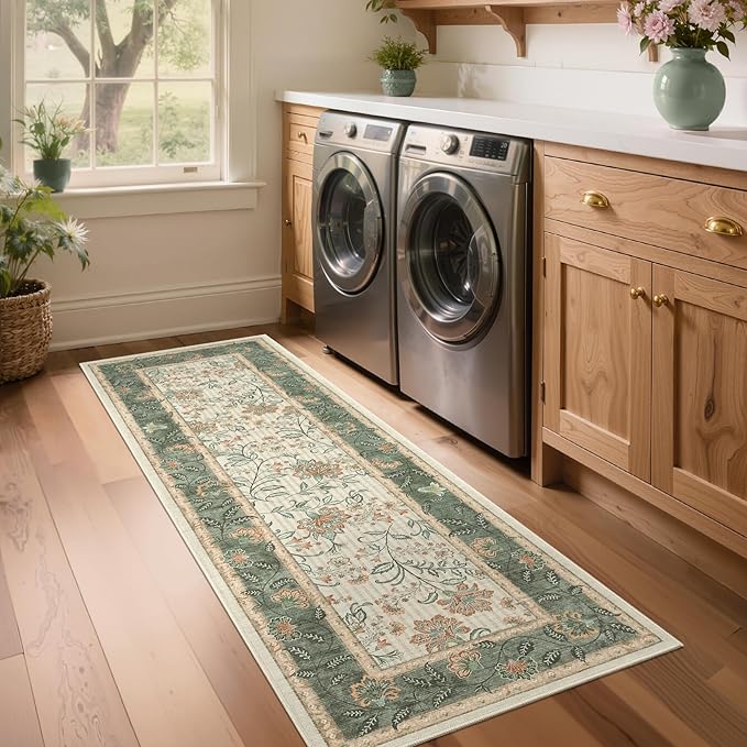 GarveeHome 2x6 Washable Runner Rug for Bedroom, Soft Botanical Floral Kitchen Runner with Non Slip Backing Sage Green Farmhouse Laundry Mat Stain Resistant Carpet for Hallway Bathroom Beside Rug