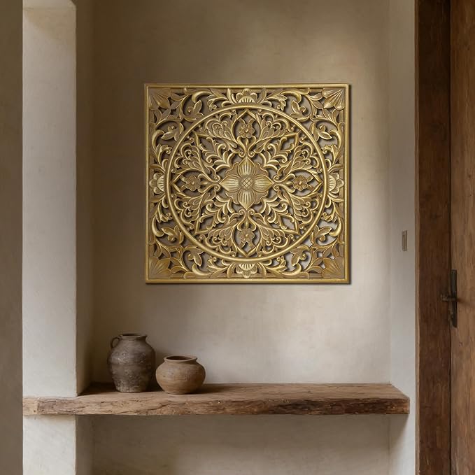 XIAOAIKA Boho Carved Wood Wall Sculpture, Intricate Floral Mandala Design with Distressed Gold Finish, Vintage Farmhouse Wall Art Panel with Solid Wood Frame for Bedroom Entryway (22" x 22")