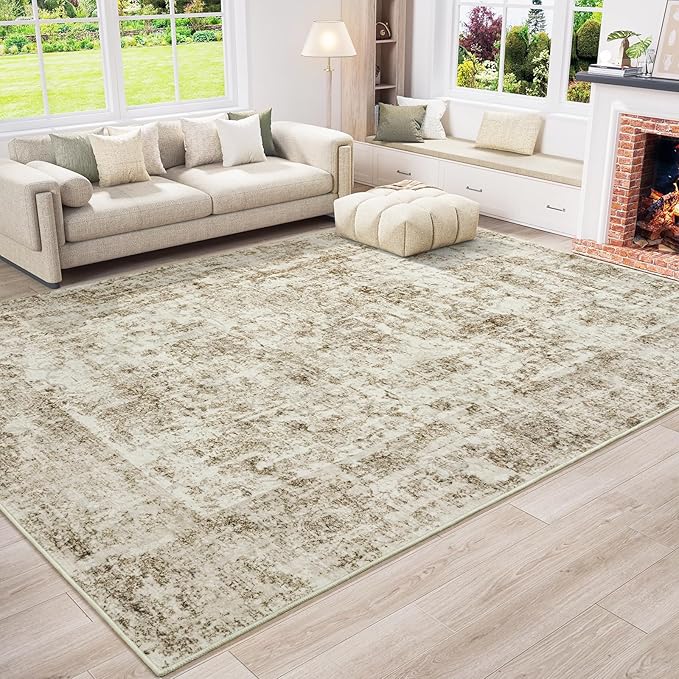 HOMORE 8x10 Area Rug Beige Living Room Rug Washable Abstract Rug for Bedroom Non Slip Rugs for Kids Nursery Room Vintage Area Rugs for Farmhouse, Dorm, Classroom, Apartment