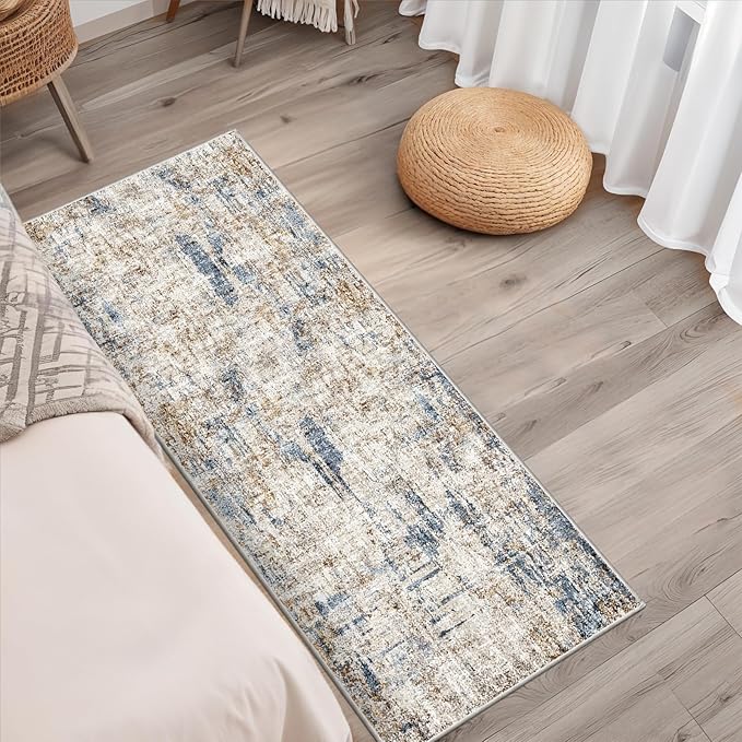 2x5 Non-Slip Washable Runner Rug – Modern Neutral Abstract Small Rug for Hallway, Kitchen, Bathroom, Bedroom, Entryway, Laundry Room – Thin Soft Low-Pile Rubber Backing（Blue Brown）