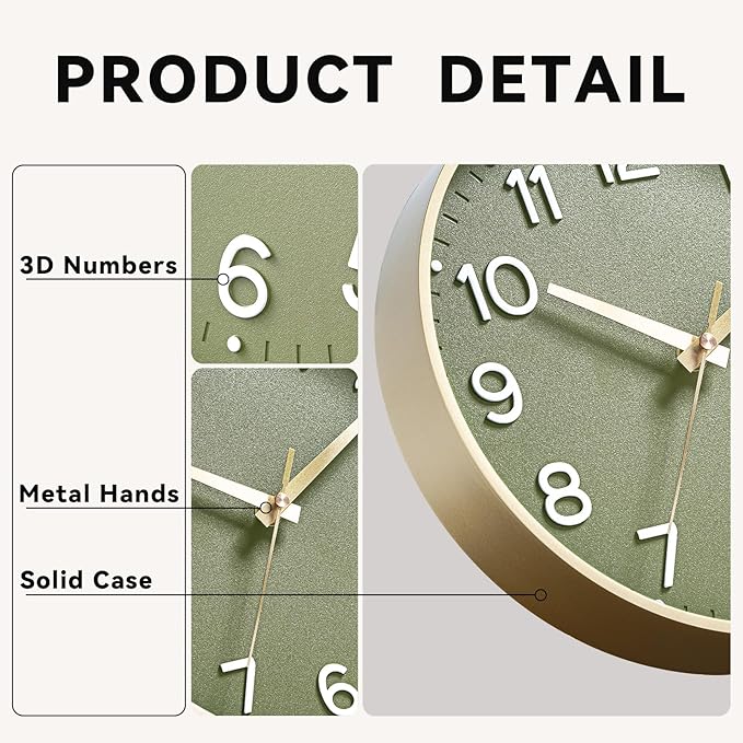 Wall Clock Green, 10 Inch Silent Wall Clocks Battery Operated-Modern Non Ticking Analog Clock Decorative for Kitchen Bedroom Office Bathroom(Gold)
