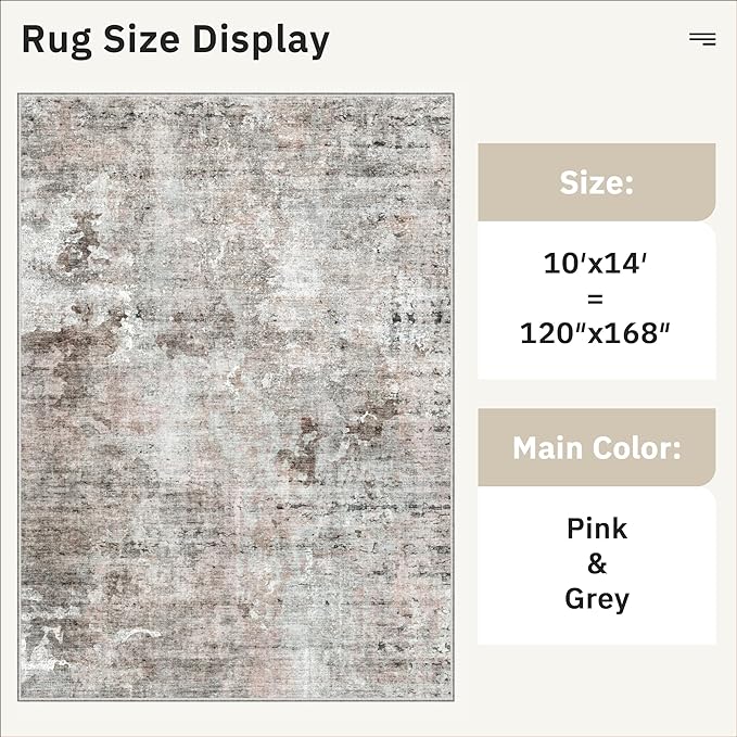 Soalmost 10x14 Area Rugs for Living Room, Non Slip Machine Washable Vintage Rugs, Low Pile Lightweight Large Rug for Bedroom, Dining Room, Home Office Pink/Grey