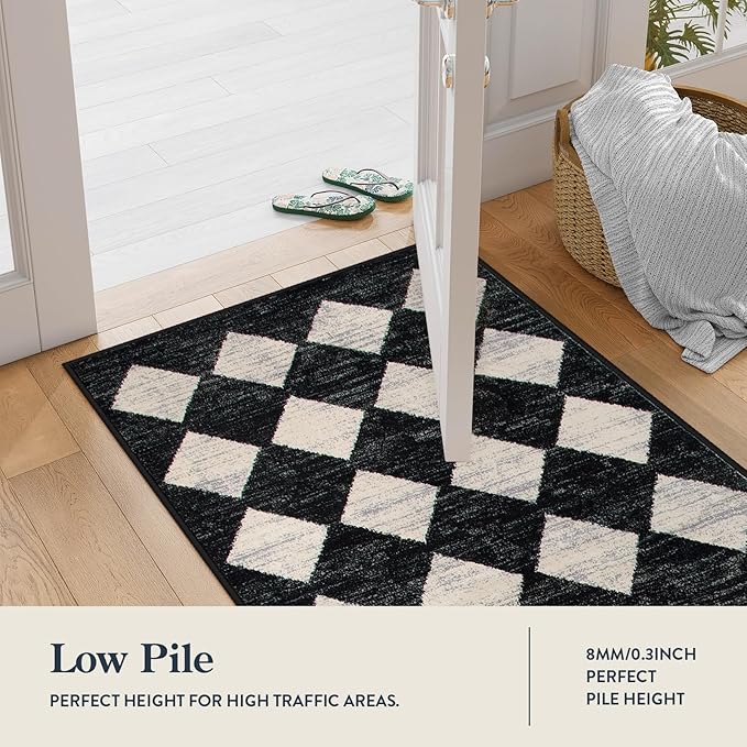 Lahome Zelie Washable Kitchen Runner Rug, 2x7 Black and White Hallway Bathroom Runner Rugs, Moroccan Trellis Soft Non Slip Stain Resistance Carpet Runners for Entryway Bedside