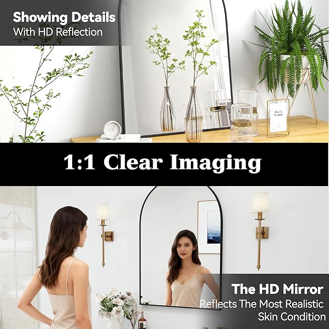 SCWF-GZ 36x24 Arch Mirror Rectangle Full Length Wall Mounted Hanging or Against Wall Metal Aluminium Alloy Frame Dressing Make-up Mirrors for Entryway Bedroom Bathroom Living Room 36 24 inch Black