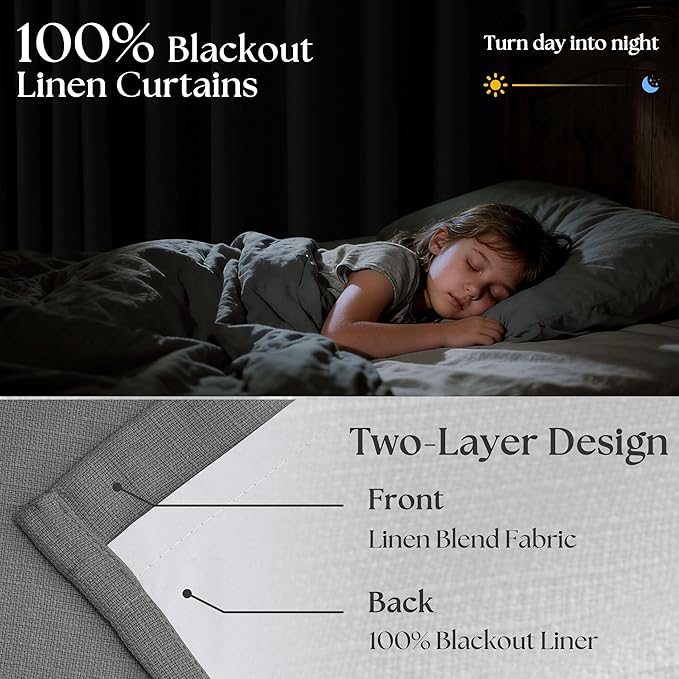 Dark Grey Pinch Pleated Blackout Curtains 102 Inches Long for Bedroom 100% Black Out Thick Linen Dual Layer Pleated Drapes Farmhouse Country Charcoal Gray 102 Inch Curtain for Dining Living Room
