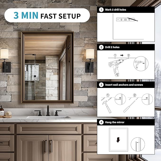 Retro Copper Effect Framed Wall Mirror, 36x40 Rectangle Mirror, Anti-desilvering Tempered Glass, Sustainable& Sturdy Frame, Farmhouse Mirror, Anti-Rust, 3min Fast Setup for Bathroom Living Room