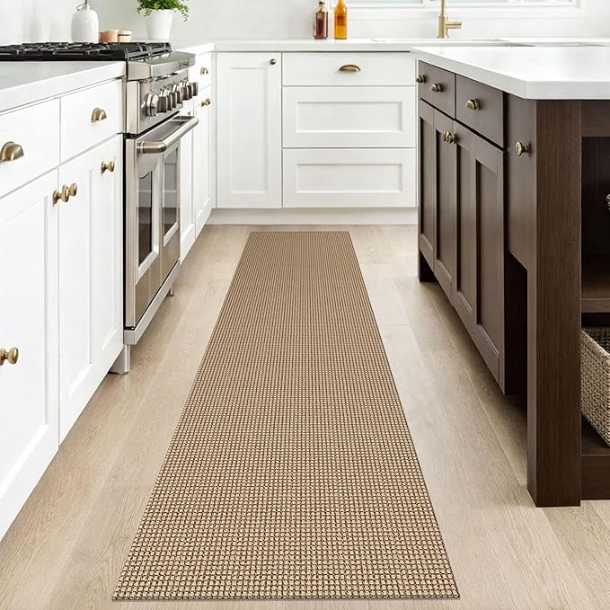 IOHOUZE Washable Runner Rug 2'x8' Rubber Backing Hallway Runner Entryway Runner Indoor, Kitchen Rugs Woven Cotton Floor Carpet for Kitchen Hall Entrance Bedroom, Tan/Brown