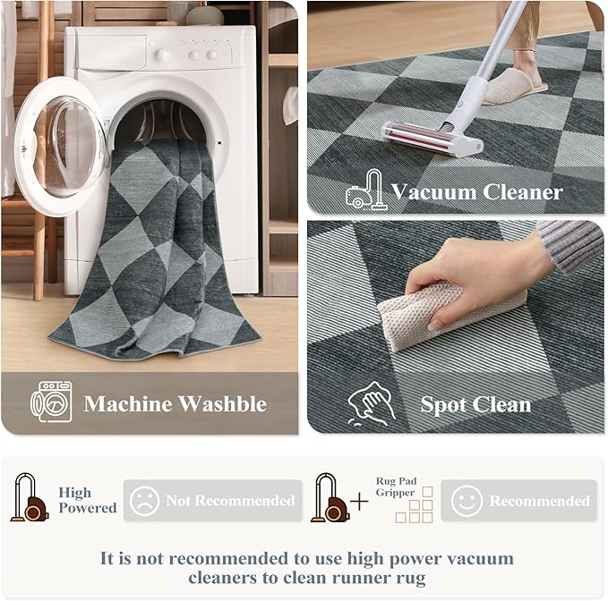 Beeiva Checkered Kitchen Runner Rug 2.5x10, Ultra Thin Washable Runners for Hallways Non Slip, Moroccan Trellis Print Non Shedding Kitchen Runner Rugs, Stain Resistant Blue/Grey Hallway Home Decor