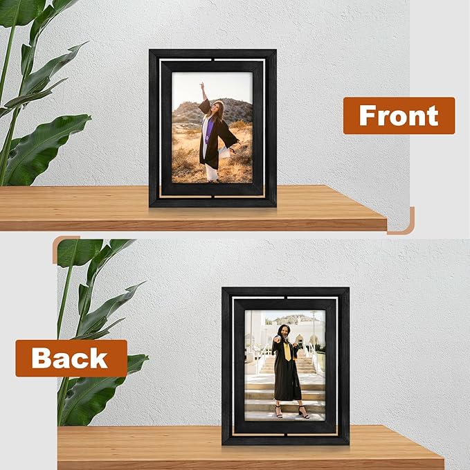 Egofine 2 Pack 6x8 Rotating Floating Picture Frames,Double-Sided Display with HD Glass Front Wooden Distressed Frame for Vertical or Horizontal Tabletop Display, Black