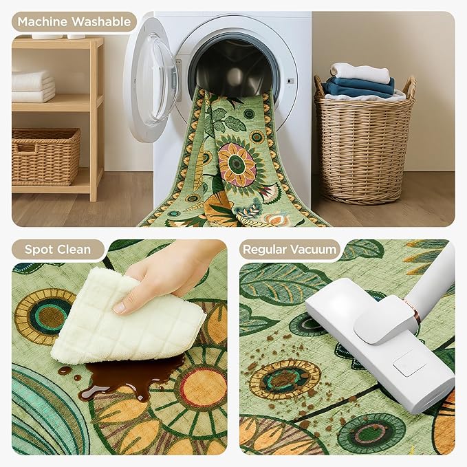 Joydeco Egypt Floral Boho 2x8 Hallway Bathroom Runner Rug, Washable Sage Green Soft Kitchen Rugs Runner Non Slip, Vintage Low Pile 8ft Long Carpet for Entrance Laundry Bath Room