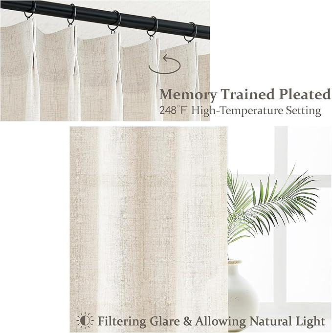 100 Inch Extra Wide Linen Sheer Curtains 84 Inch Long 2 Panels Set for Living Room, Pinch Pleated Light Filtering Farmhouse Nursery Room Curtain 100 x 84 Large Window Track System Semi Through Drapes