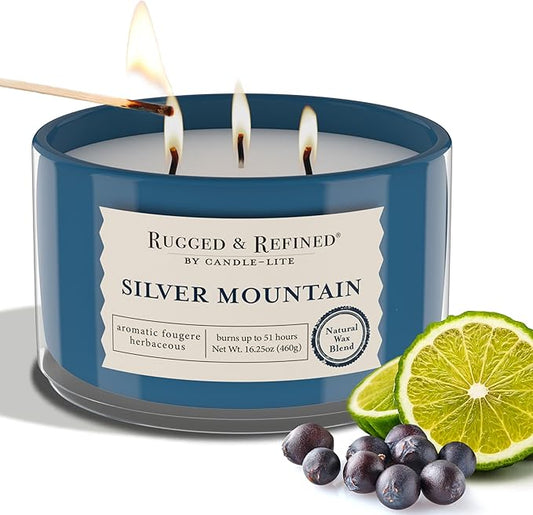 Candle-Lite Scented Candles for Men, Silver Mountain Fragrance, 16.25 oz Jar, 3-Wick, 51 Hours of Burn Time, Masculine Aromatherapy with Long Lasting Scent, Ideal Gift for Father's Day and Home Decor