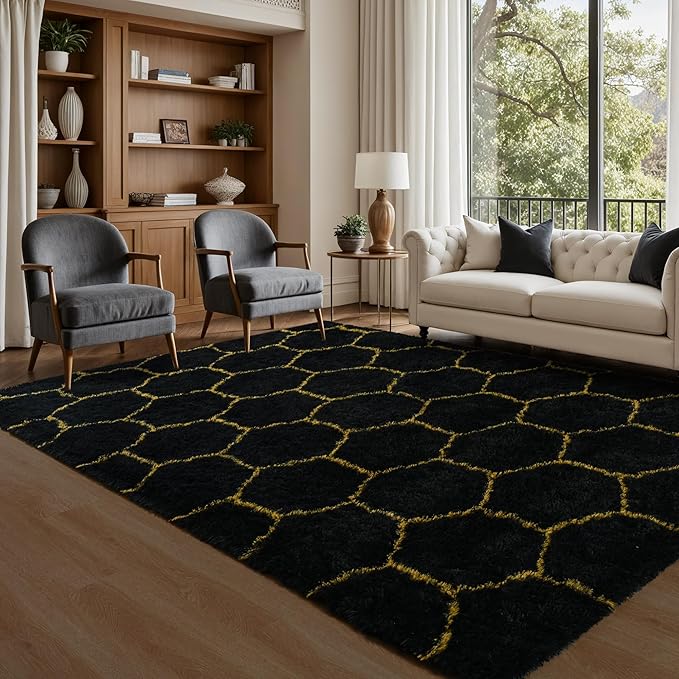 Fluffy 6x9 Area Rugs for Bedroom Living Room,Thick Shag Throw Floor Carpet,Soft Shaggy Bedside Non-Slip Rug Black Gold