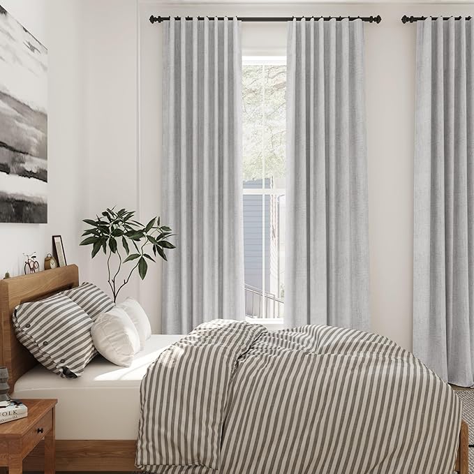 Nanspring Grey Linen Back Tab Curtains 84 Inch Length for Living Room 2 Panel Set Neutral Modern Farmhouse Window Privacy Semi Sheer Linen Drapes Rustic Pinch Pleated Look Curtain 52x84