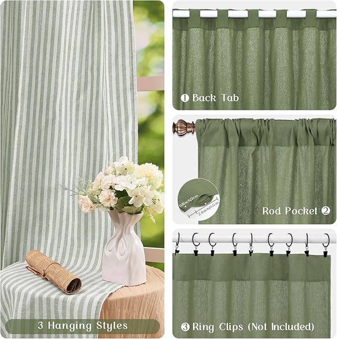 ASPMIZ Farmhouse Living Room Curtains Boho, Country Linen Curtains with Rustic Buttons, Rod Pocket & Back Tab Green Striped Curtain for Bedroom Window Curtain, Home Decor, 52 x 63 Inch, 2 Panels
