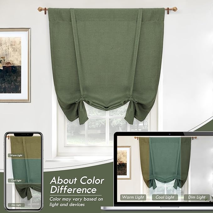 DriftAway Double Layer Linen Blackout Tie Up Curtains Thermal Insulated Fully Lined Balloon Roman Shade Bathroom Window Adjustable Rod Pocket for Small Window 39 Inch by 55 Inch Olive Green