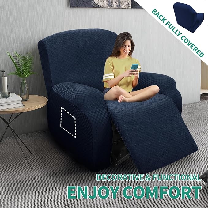YEMYHOM 4 Pieces Oversized Stretch Recliner Slipcover Latest Jacquard Large Recliner Chair Cover with Side Pocket Anti-Slip Fitted Furniture Protector with Elastic Bottom (X-Large Recliner, Navy)