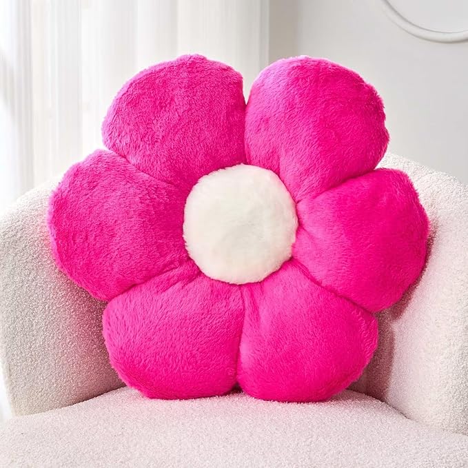 Kcvvcr Hot Pink Flower Pillow, Cute Decorative Flower Shaped Throw Pillow with Faux Rabbit Fur, 19.6" Soft Flower Plush Throw Pillow Floor Pillows Room Décor for Bedroom Living Room